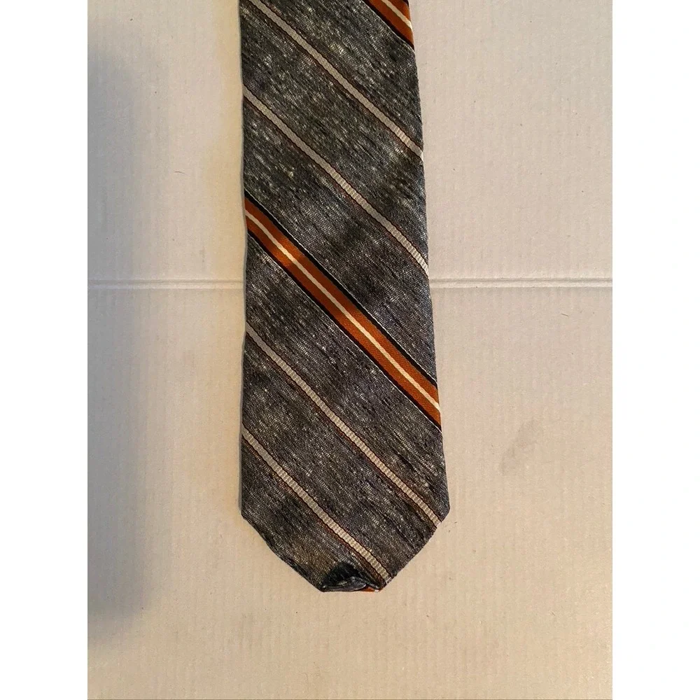 Fashion Craft Mens Silk Tie Grey Orange Striped Textured Slub Skinny Vintage